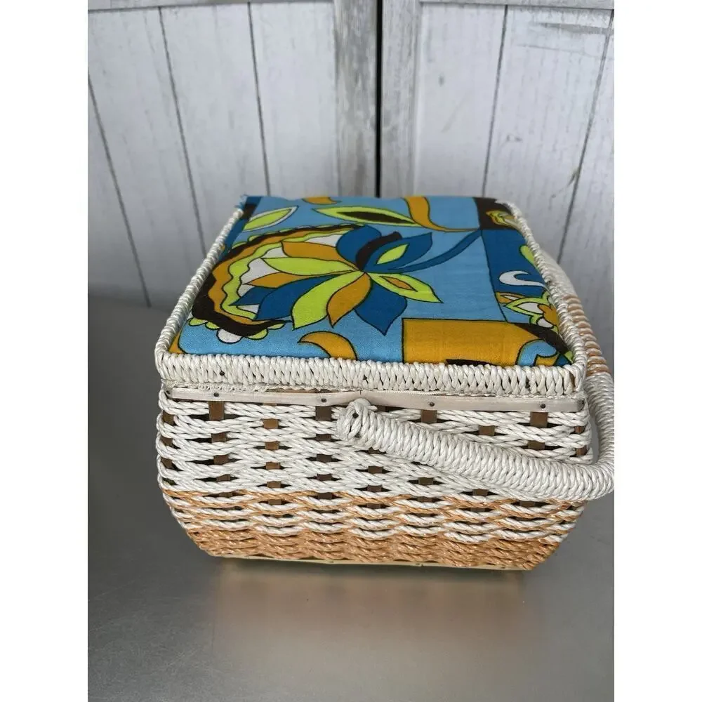 Vintage 70s Sewing Basket Retro Square Woven Blue Green Floral Psychedelic Japan